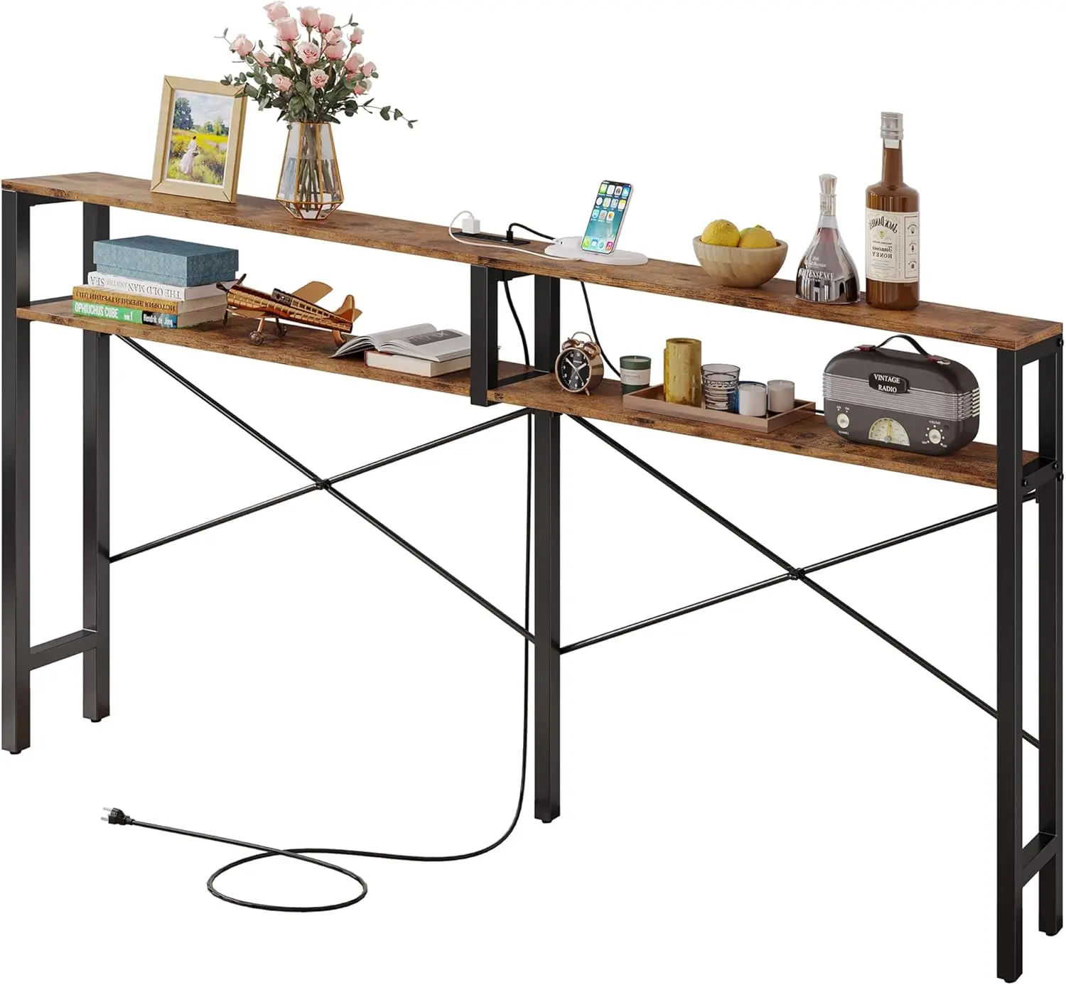 

Console Table with Power Outlet, Long Sofa Table with Shelves and X-Shaped Design, Narrow Sofa Entryway Behind Couch Tabl