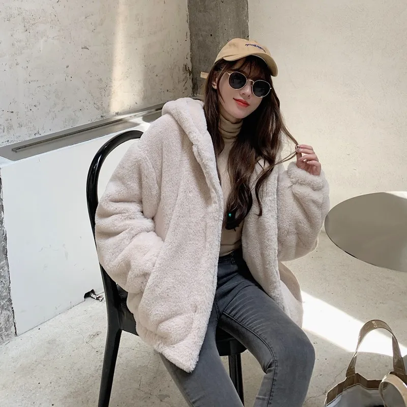 2023 New Winter Women Thick Warm Female Plush Coats Faux Rabbit Fur Coat Loose Fur Coat Hooded OverCoat