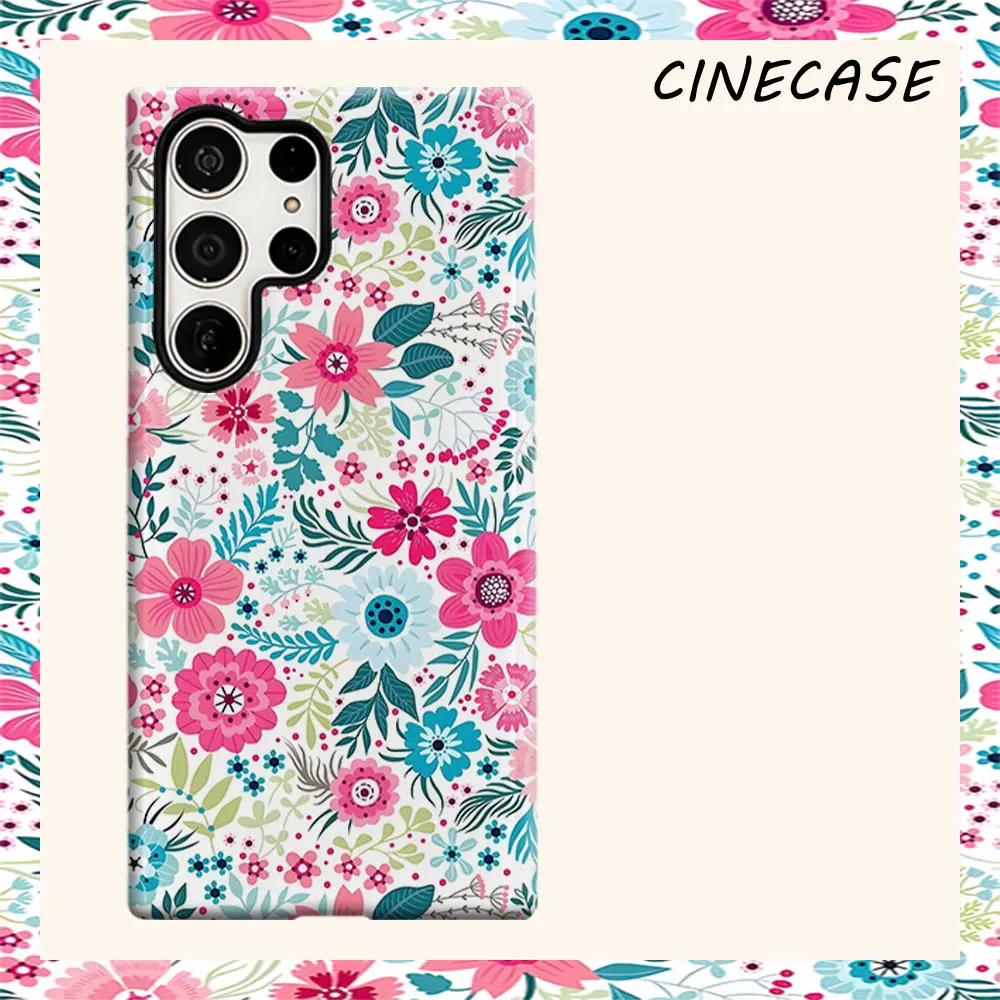 Pink Wild Floral Print For Samsung Galaxy S26 S25 S24 A56 A36 Dual Layer Luxury Fashion Full Lens Protective Case