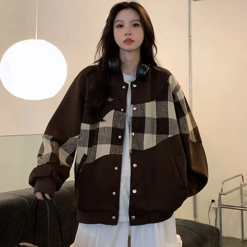 American Retro Plaid Patchwork Temperament Baseball Jacket For Women 2024 Autumn Harajuku Loose Salt Casual Jacket for Commuting