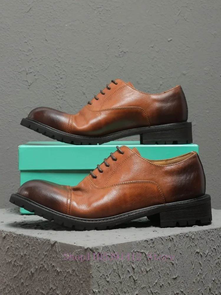 British Style Men Derby Shoes Lace-Up Thick Sole Handmade Genuine Leather Pleats Wedding Shoes Retro Dress Shoes