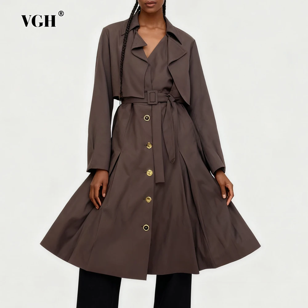 

VGH Solid British Style Slimming Trench Coats For Women V Neck Long Sleeve Spliced Button Autumn Casual Jacket Female Fashion