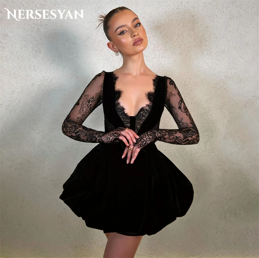 Nersesyan Elegant Black Lace Wedding Dresses Deep V-Neck A-Line Appliques Long Sleeves Bridal Gowns Mini Solid Bride Dress 2024