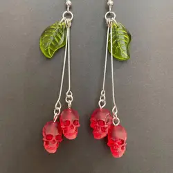 Gothic Blood Cherry Earrings For Women Girls Pagan Witch Jewelry Accessories Red Vampire Skull Green Leaf Ear Hooks Party Gifts