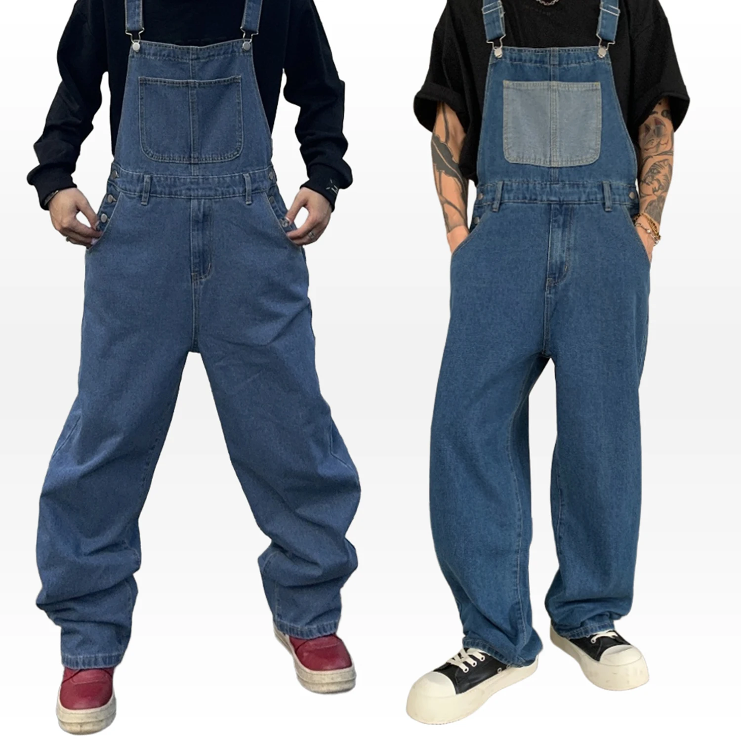 

Men's Denim Suspenders Simple Baggy Jeans Men's Street Casual Solid Mid Waist Loose Washed Jumpsuits Length Tracksuit Overalls F