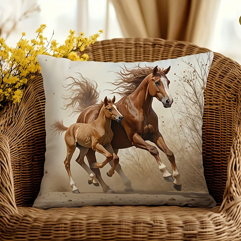 Majestic Brown Horse & Pony Running Print Square Pillowcase Soft Polyester Machine Washable Cushion Cover For Home Office Sofa B