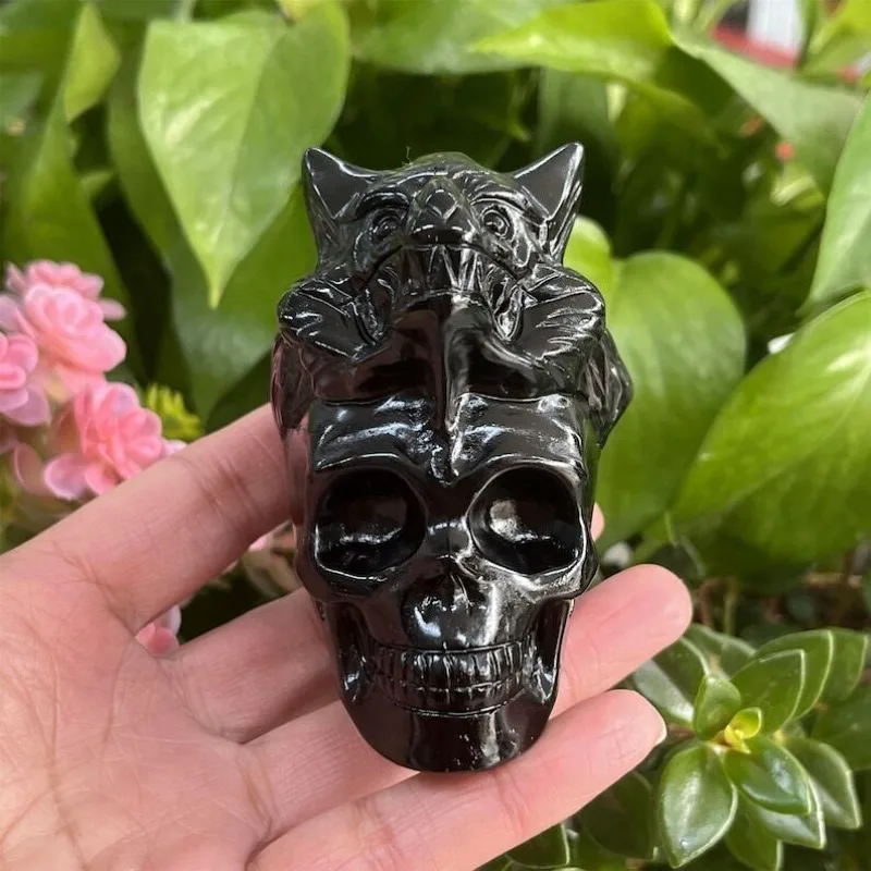 Natural Obsidian Wolf Skull Quartz Wolf  Skull Mineral Stone Crystal Animal Model Home Holiday Gifts Specimen Collection