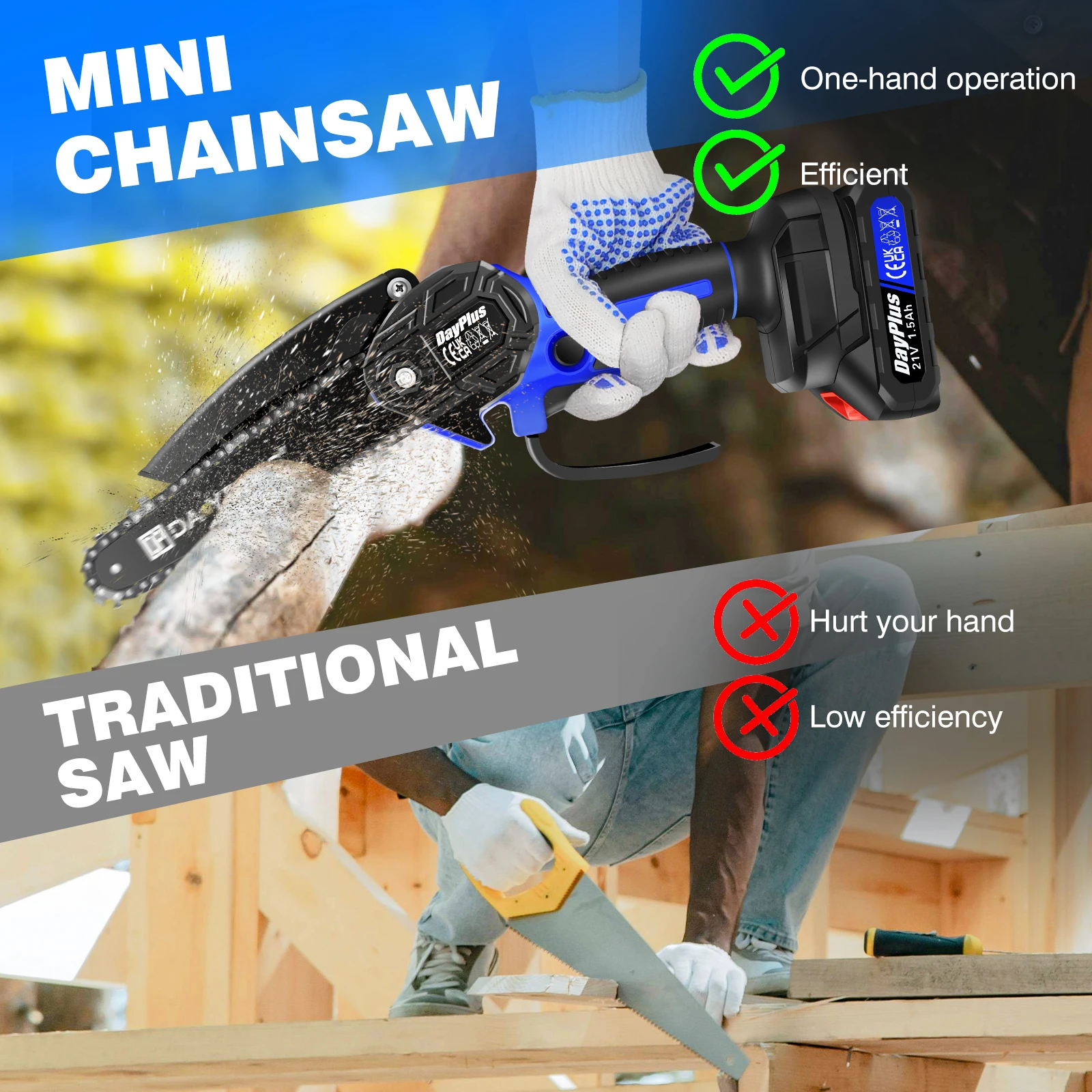 Mini-Kettensäge, 15,2 cm, tragbare elektrische Akku-Kettensäge für Äste, Hof und Garten mit 1,5 Ah-Akku – Detail 6