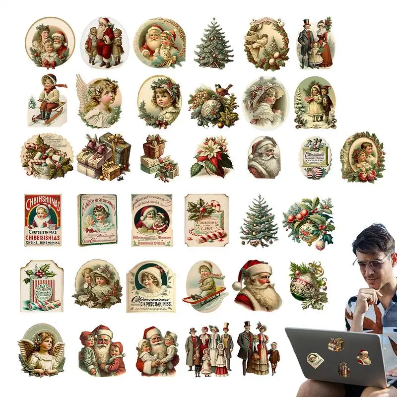 Vintage Christmas Stickers 36X Holiday Stickers Laptop Decals For Tablet Phone Computer Kids Classroom Prizes Snowboard