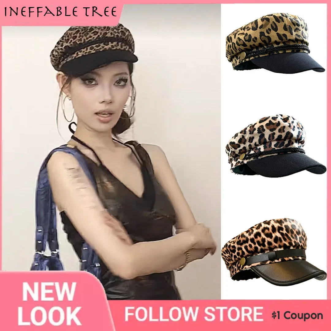 

Y2K Women Leopard Print Military Cap Spring Autumn Beret Female Flat Flat Hats for Women Newsboy Cap British Beret Boina Hombre