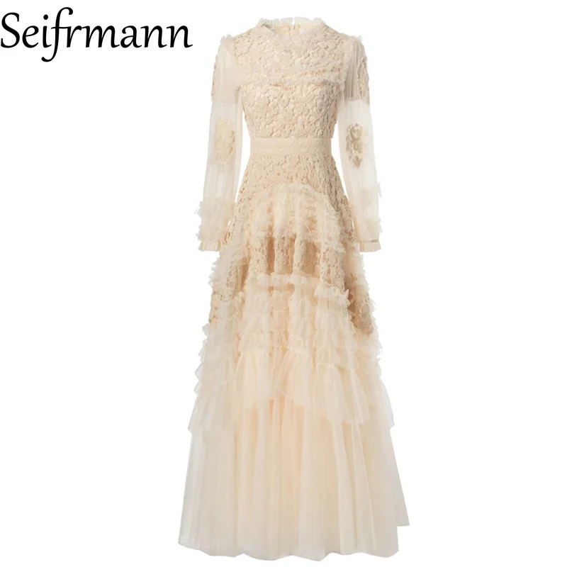 Seifrmann 2026 Frühling frauen Neue Mode Rundhals Laterne Langarm Spleißen Mesh Wasserlösliche Blume Taille Kleid