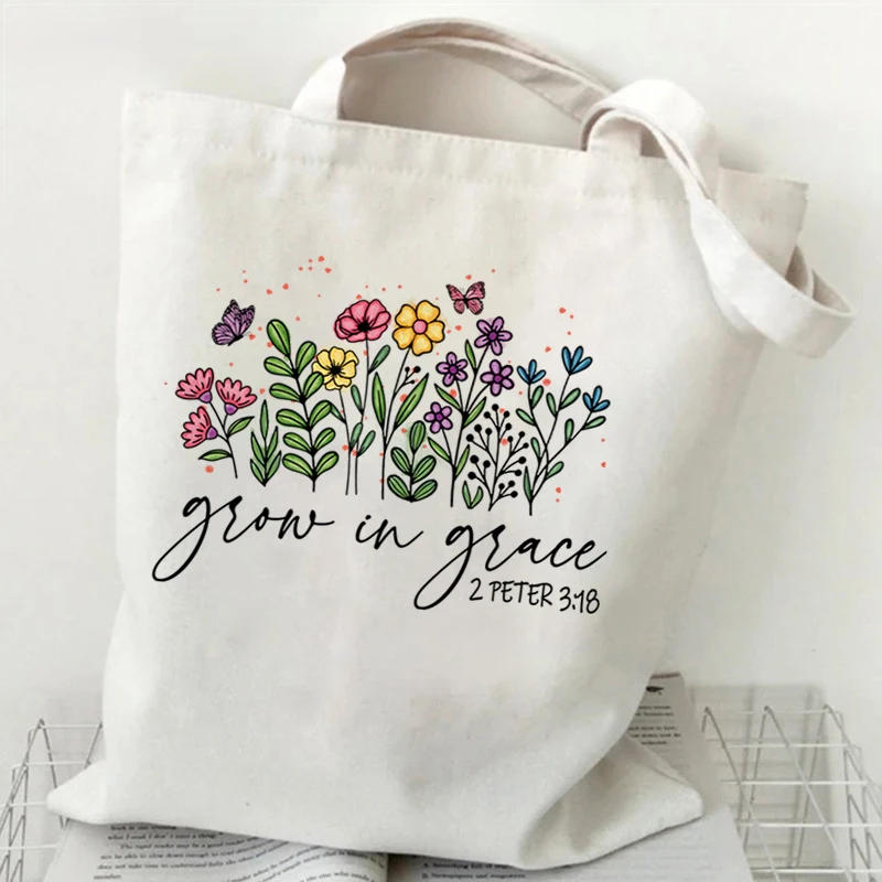 

Gift for Christian Canvas Shopping Bag Grow in Grace Religious Christian Faith Pattern Shoulder Bags Wildflower Women's Handbags