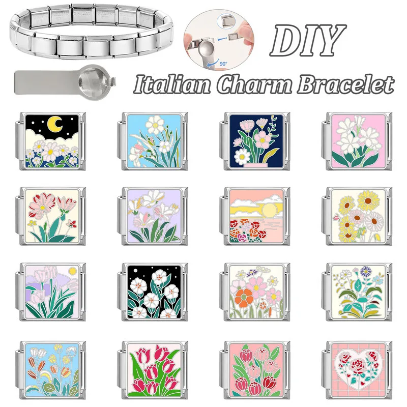 2025 Primavera Verano flores coloridas tulipán rosa gato Luna italiano encanto enlaces ajuste 9MM pulsera de acero inoxidable mujeres DIY fabricación