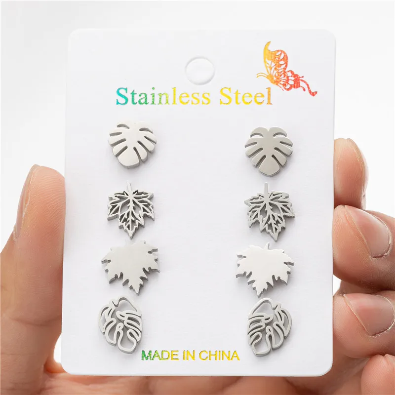 4Pairs/Lot Vintage Small Monstera Leaves Ear Studs Sets Boho Stainless Steel Maple Leaf Earings Hawaii Beach Jewelry Girls