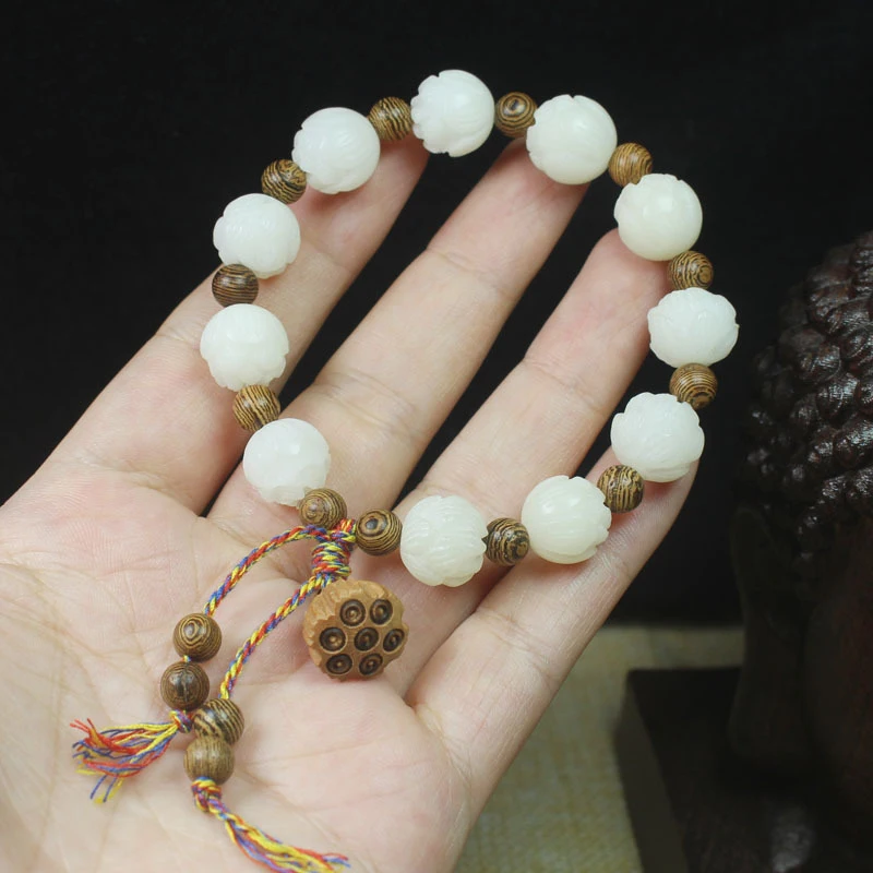 

White Jade Bodhi Lotus 12mm Bracelet DIY Buddhist Beads Chicken Wing Wood Spacer Beads Lotus Pendant Prayer Beads