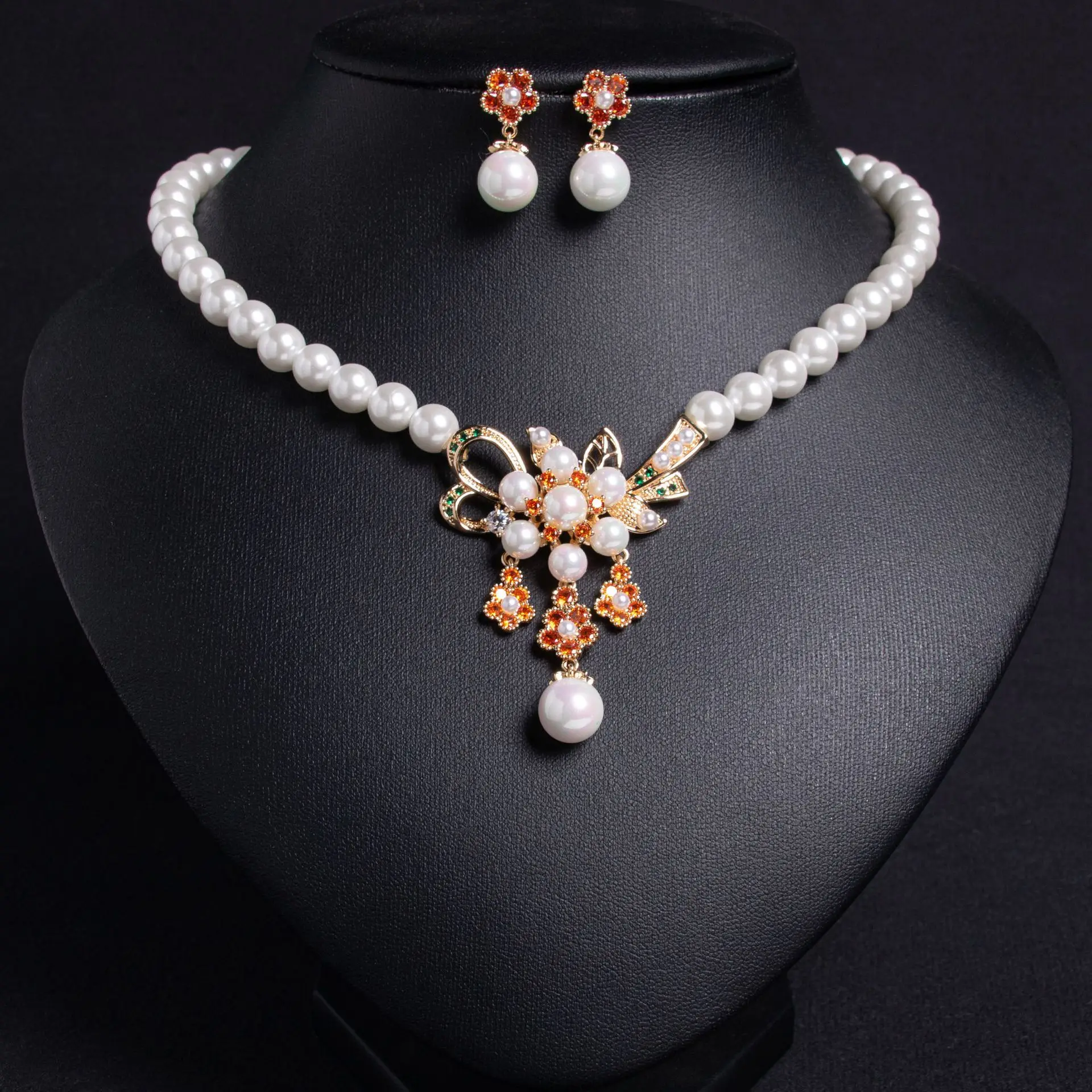 

2 Pieces High Feeling Pearls Flower Jewellery Cubic Zirconia Women Necklace Earrings Set for Party Dress Party Wear M-82