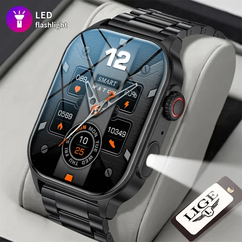 Reloj LIGE para hombre, linterna para exteriores, reloj inteligente militar IP68 resistente al agua, relojes deportivos con ritmo cardíaco para hombre, reloj inteligente con llamada BT