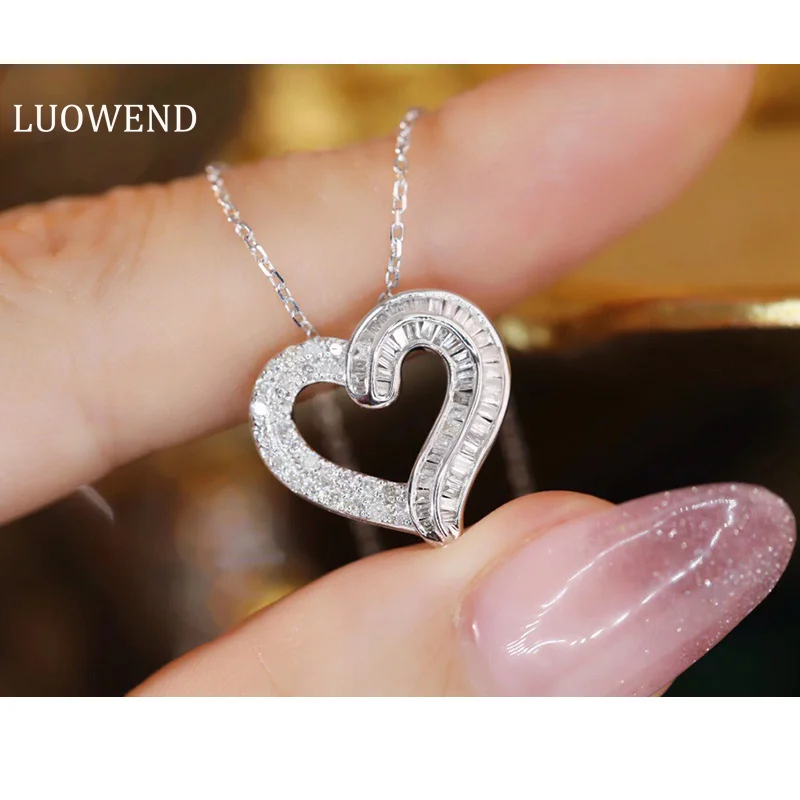 

LUOWEND 18K White Gold Necklace 0.45carat Real Natural Diamond Necklace for Women Wedding Party Fashion Hollow Heart Design