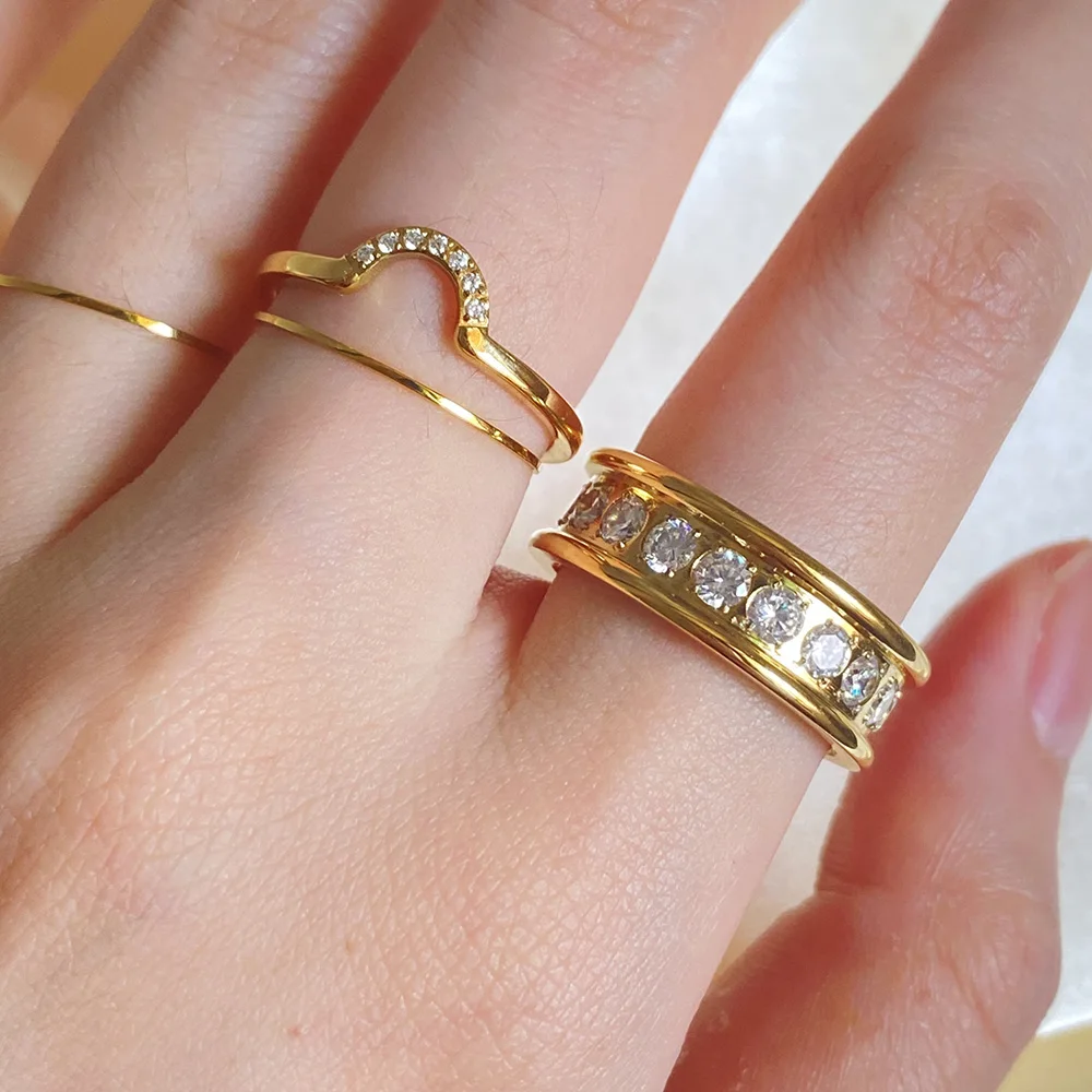 New ins 18k Gold Stainless Steel Shaped Zircon Ring For Women Vintage Geometric Zircon Rings Fashion Aesthetic Jewelry Gift