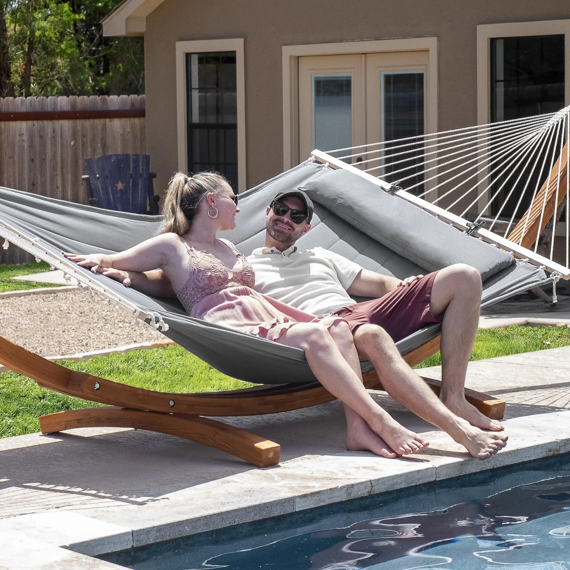 Double Hammocks Standing Backyard Hammock with Stand, 2 Person Heavy Duty Hammock with 13.5 ft Wooden Stand, Light Gray