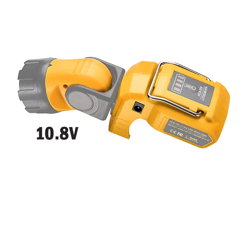 Portable Spotlight LED Warning Light Work Lamp Flashlight USB Charger for Dewalt DCB120 10.8V 12V Li-ion Battery Yellow