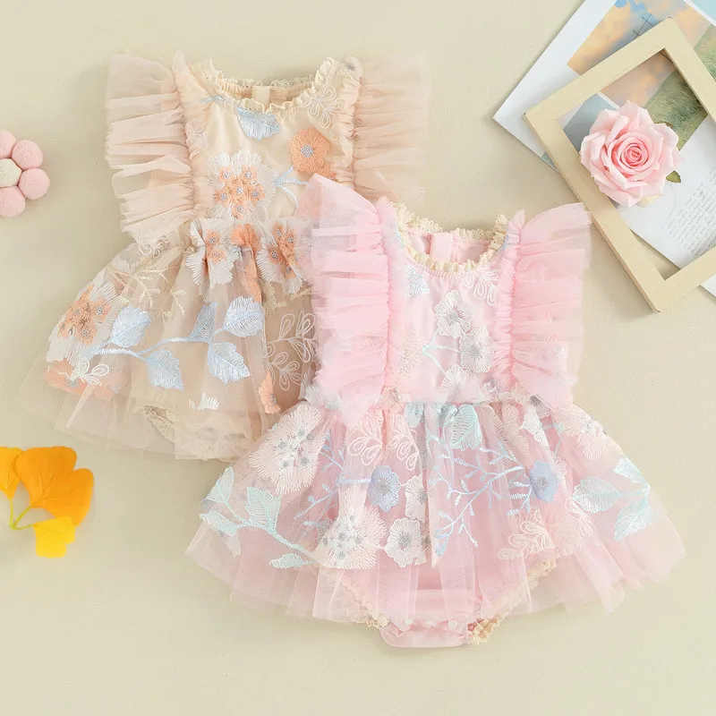 Newborn Baby Girls Cute Bodysuit Dress Summer Clothes Fly Sleeve Embroidery Flower Bodysuit for Casual Daily