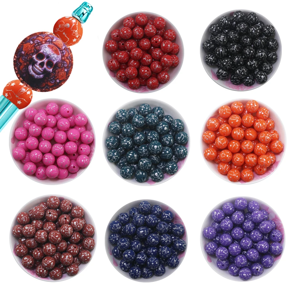 2024 New 10Pcs Halloween Dancing Skull Funny Skeletons Print Silicone Beads Focal Bone Silicon Balls For Pens Making