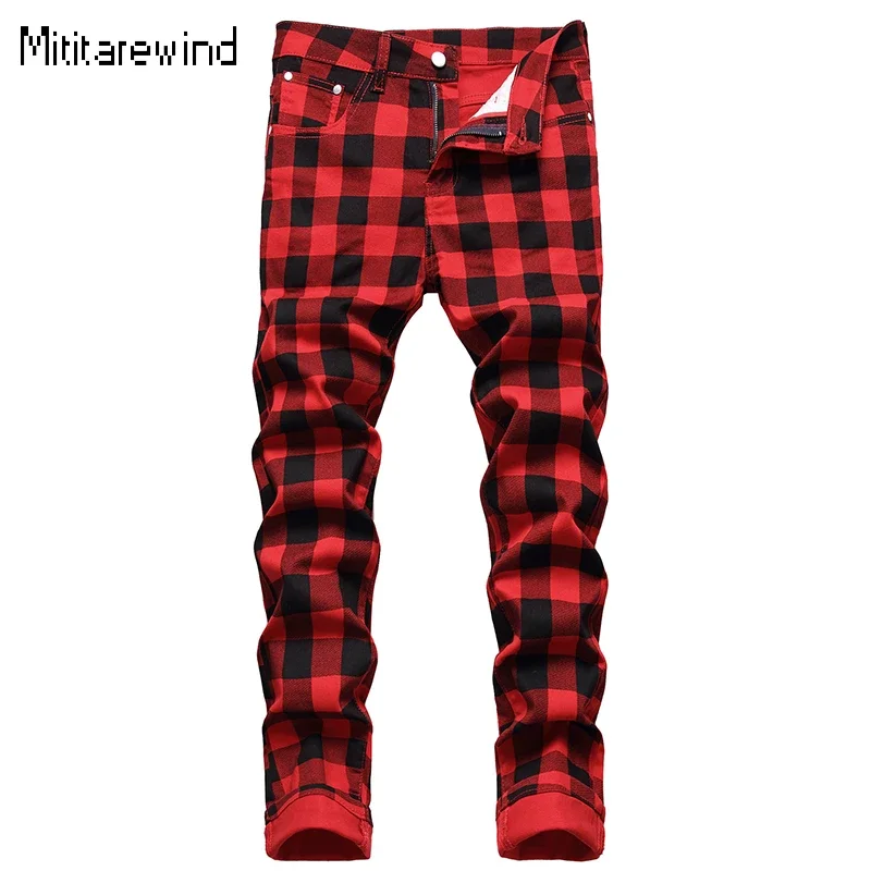 British Style Red Plaid Jeans for Men Mid Waist Stretch Straight Slim Jeans Cotton Comfortable Casual Pants Fashion Men Clothing