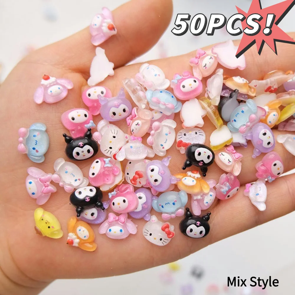 50pc Mixed Sanrio Cartoon Series Nail Art Jewelry Kawaii Kuromi/Melody/Hellokitty Charms For Girls Manicure DIY Nail Parts Decor