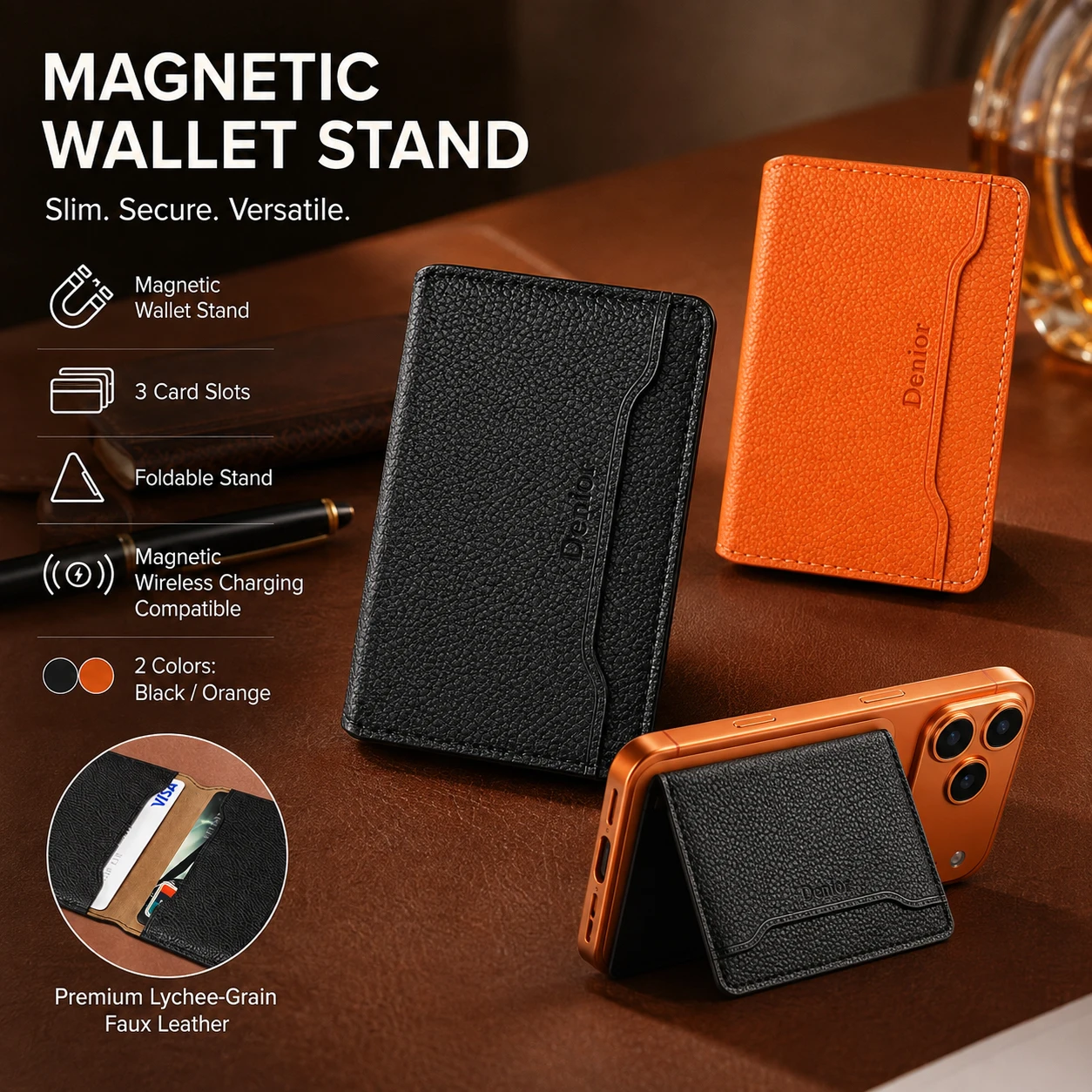 Denior Litchi Grain PU Leather Magnetic Wallet For Phone With 2 Slots Holds 3 Cards Foldable Stand Slim Lightweight Daily Carry