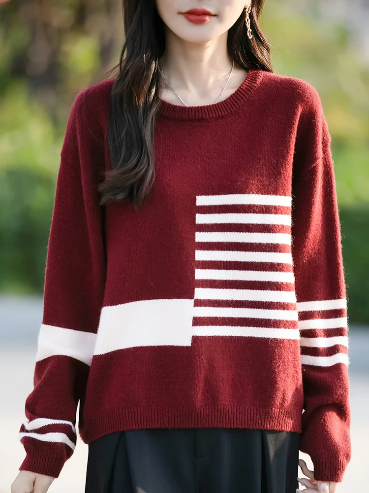 Women Fine Wool Color Blocking Sweater O-Neck Stripe Pullover Bottoming Loose Clothing Autumn Winter Casual Warm Knitting Top