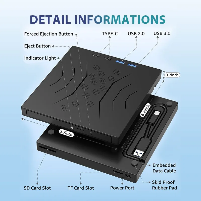 7 in 1 External Blu Ray Drive USB 3.0 Type-C Bluray/CD/DVD Drives Burner with SD/TF Port Support 50G Disc R/W For PC Laptop