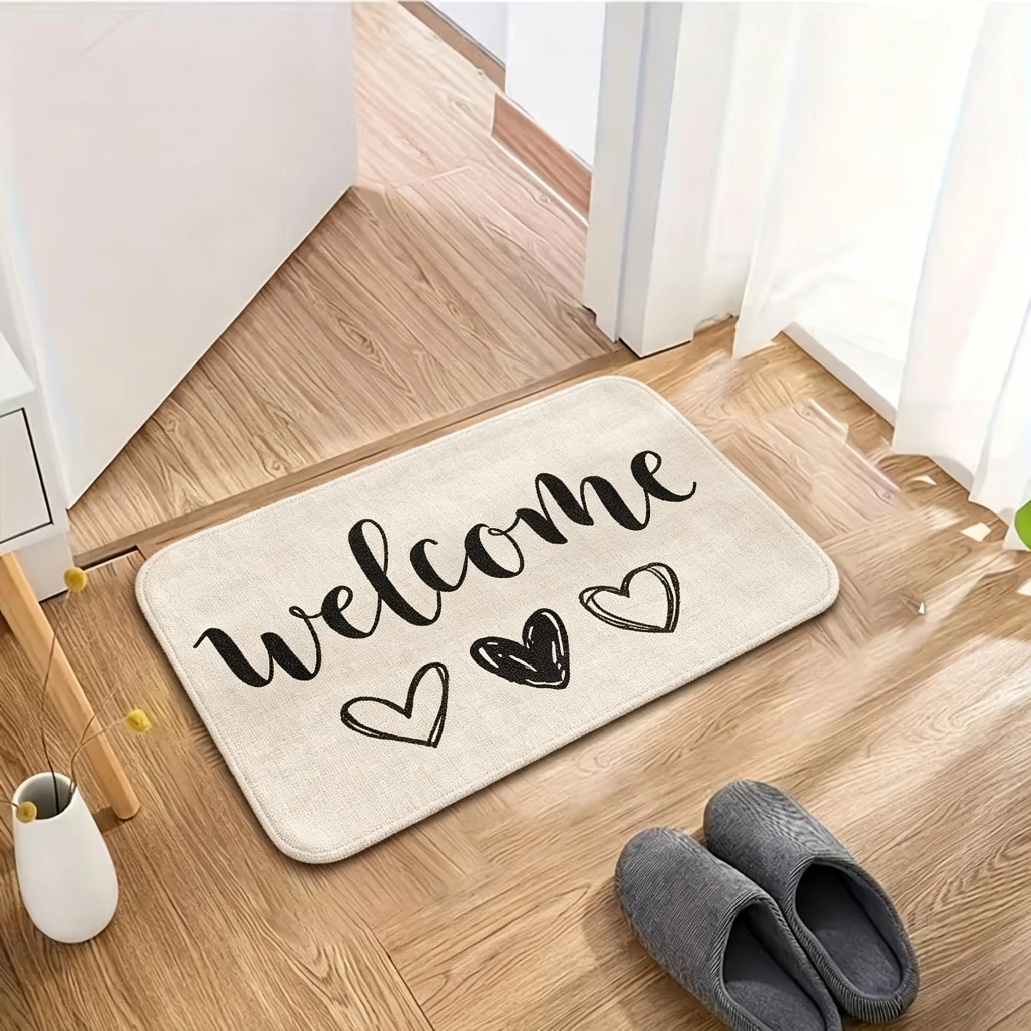 Minimalist Stylish Doormat/Welcome Lettering with Three Heart Print/Suitable for Bedrooms, Kitchens, Restaurants, Bathrooms/Soft, Comfortable, Practical/Holiday Decoration Flannel Material/1pc