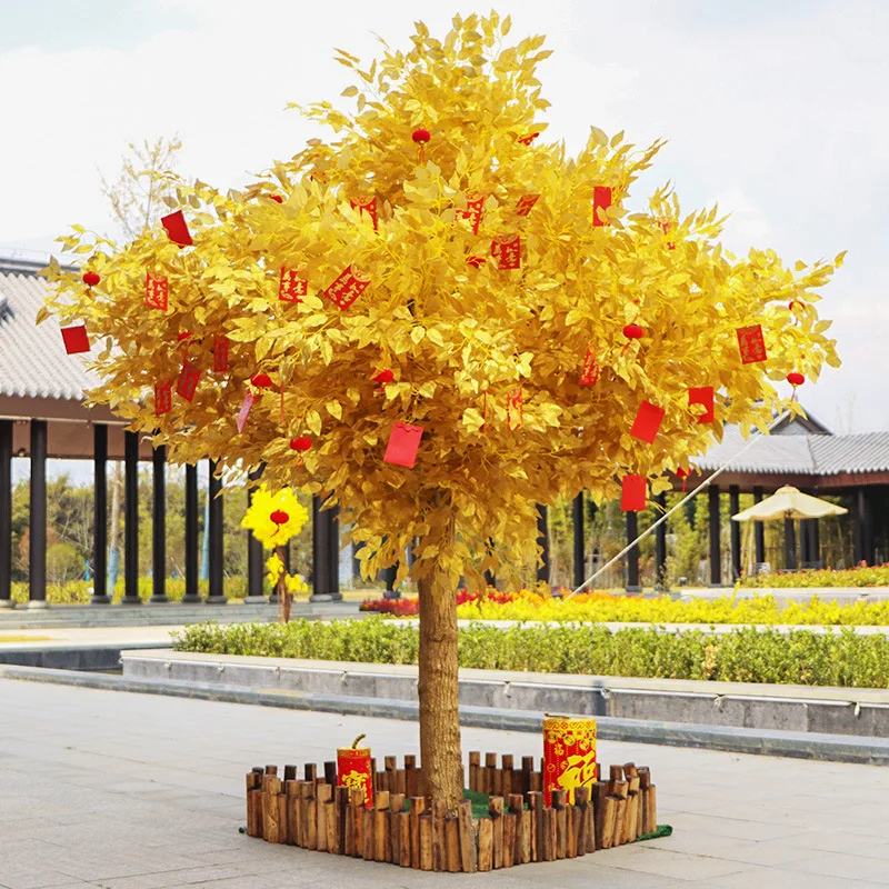 

Simulation of golden banyan tree festival layout fortune tree large shopping mall hotel company New Year wish decoration