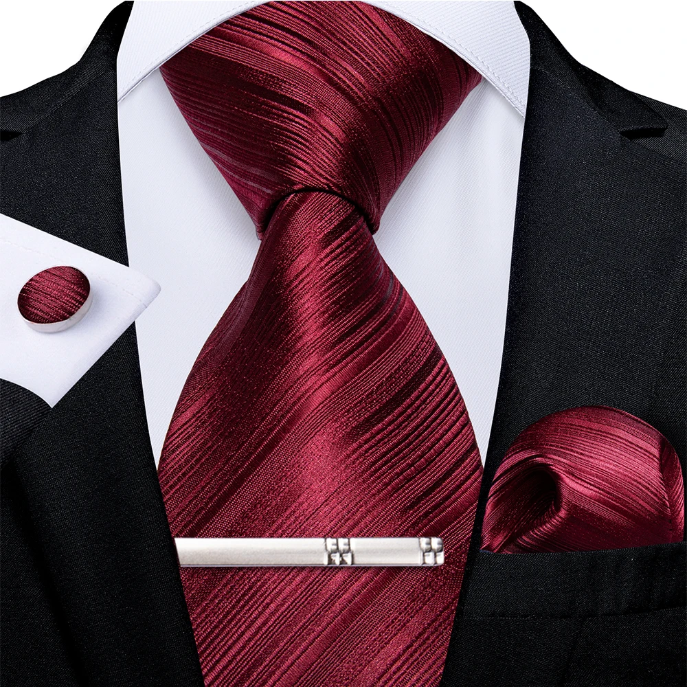 Men's Red Solid Floral Tie Pocket Square Cufflinks 8cm Width Wedding Prom Groom Accessories Necktie Gift for Husband