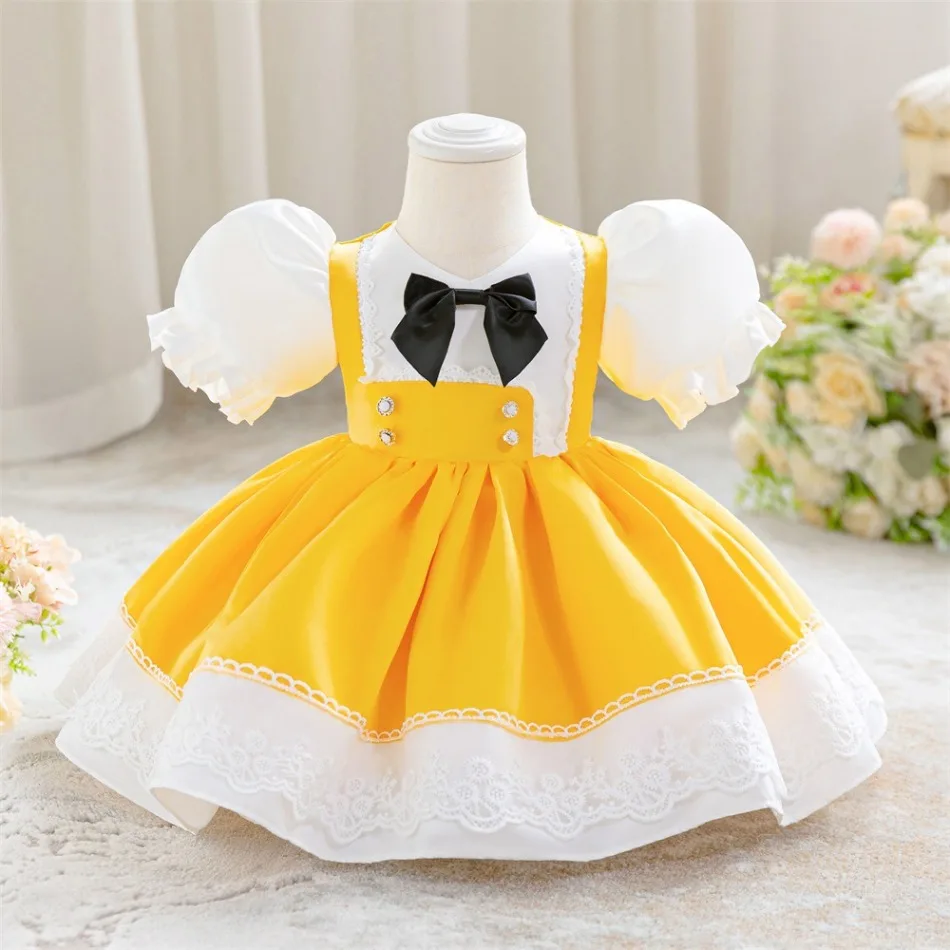 Girls Yellow Puff Sleeve Princess Dress Kids Bow Lace Puffy Gown Toddler Birthday Party Flower Girl Wedding Pageant Dress ASQ03