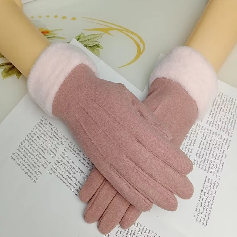 Fashion Women Winter Warm Suede Leather Touch Screen Glove Female Faux Rabit Fur Embroidery Plus Velvet Thick Driving Gloves