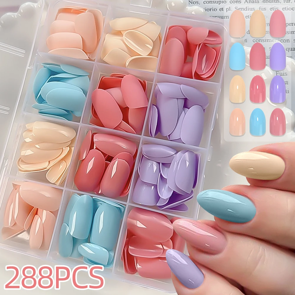 288 stks/doos Dopamine Romige Kleuren Druk op Nagels Halflange Amandel Leuke Nep Nagels Glanzend en Matte Effen Kleur Valse Tips set #
