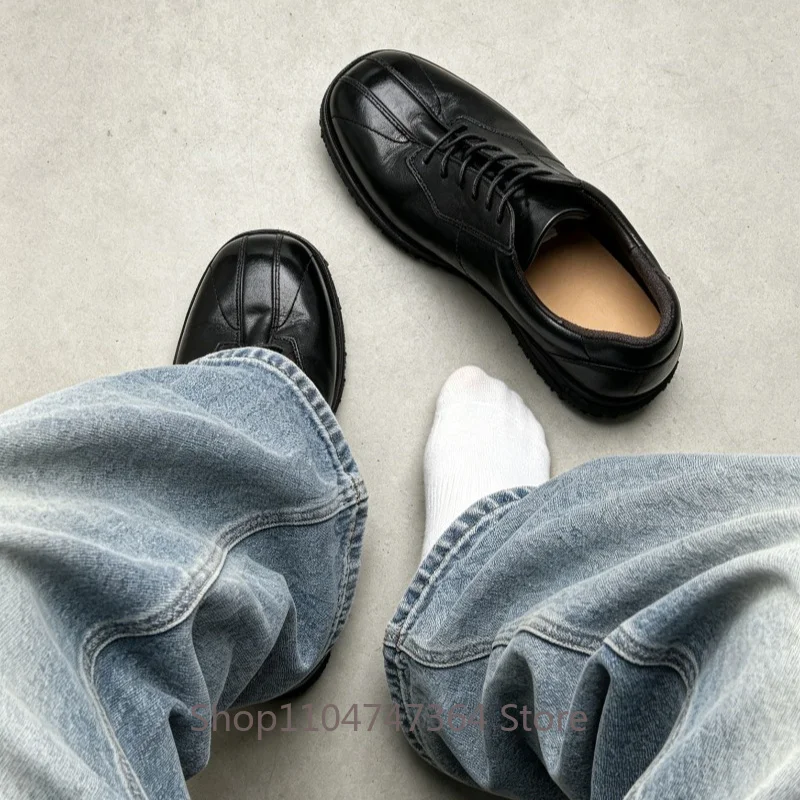 High End Fashion Black Casual Sport Leather Shoes Men's Oxfords Genuine Leather Lace Up Round Toe Outdoor Walking Shoes Male