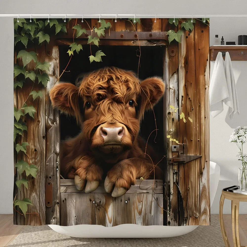 Funny Highland Cow Shower Curtain Rustic Country Cow Cartoon Animal Children\'s Bath Curtain Polyester Fabric Home Bathroom Decor