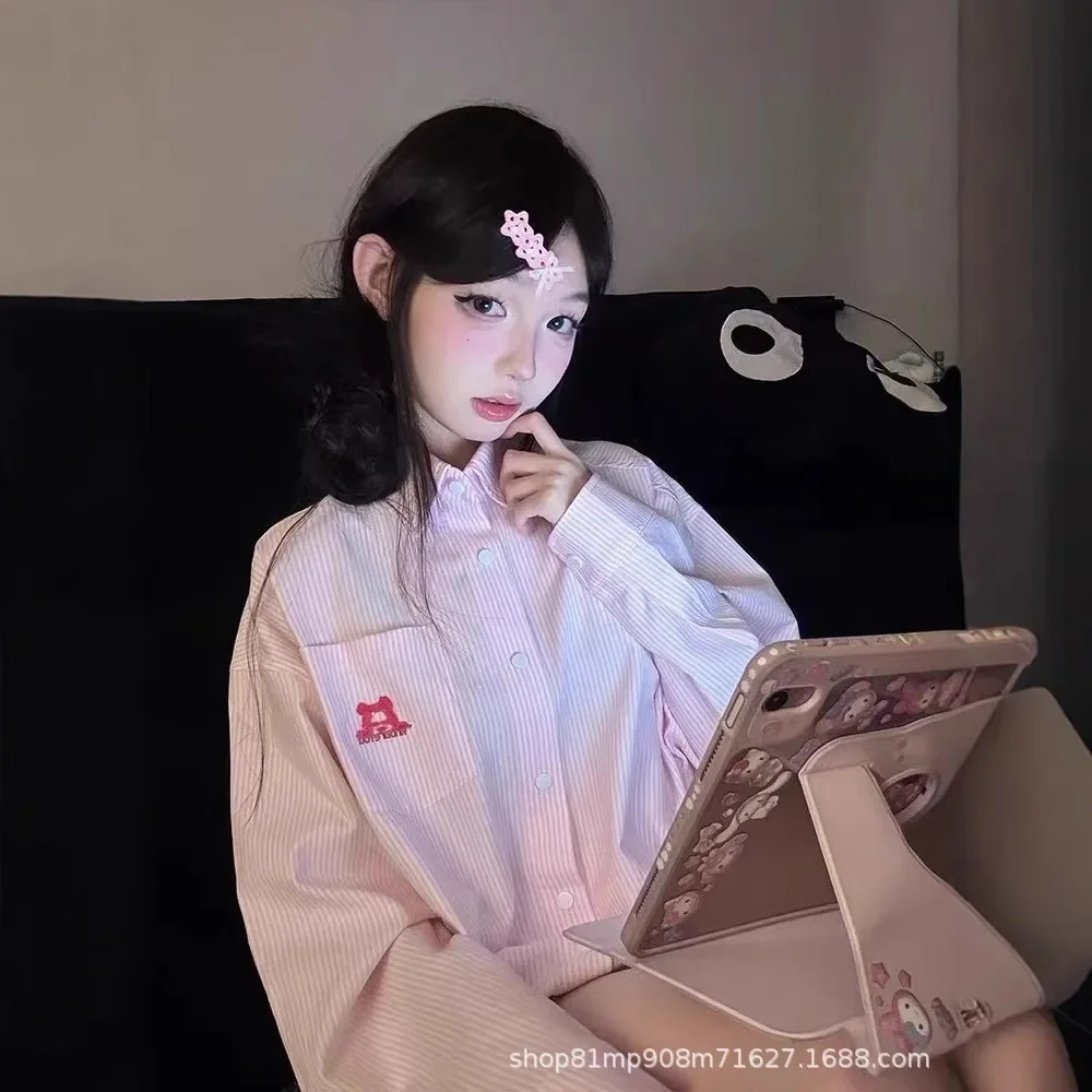 

Большой размер, французская повседневная полосатая рубашка с длинными рукавами, женская весенняя тонкая солнцезащитная рубашка, свободный и тонкий топ толщиной мм