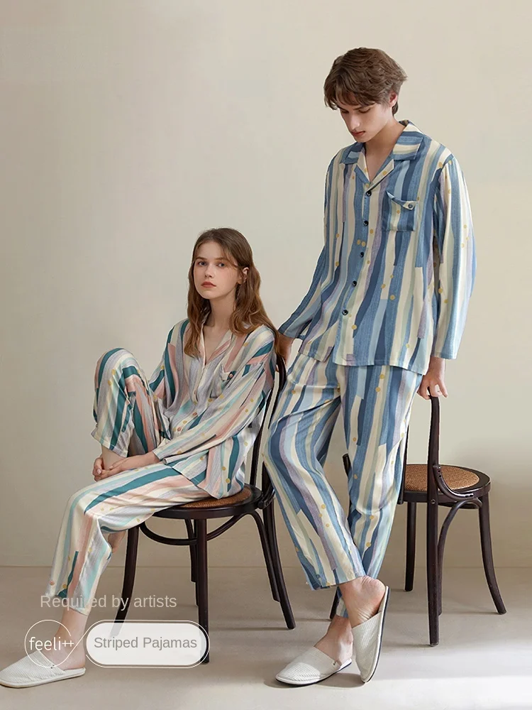 

Pajamas Women's Spring and Autumn Pure Cotton Couple Striped Lapel Oil Painting Cardigan Men's Home Wear Suit Can Worn outside