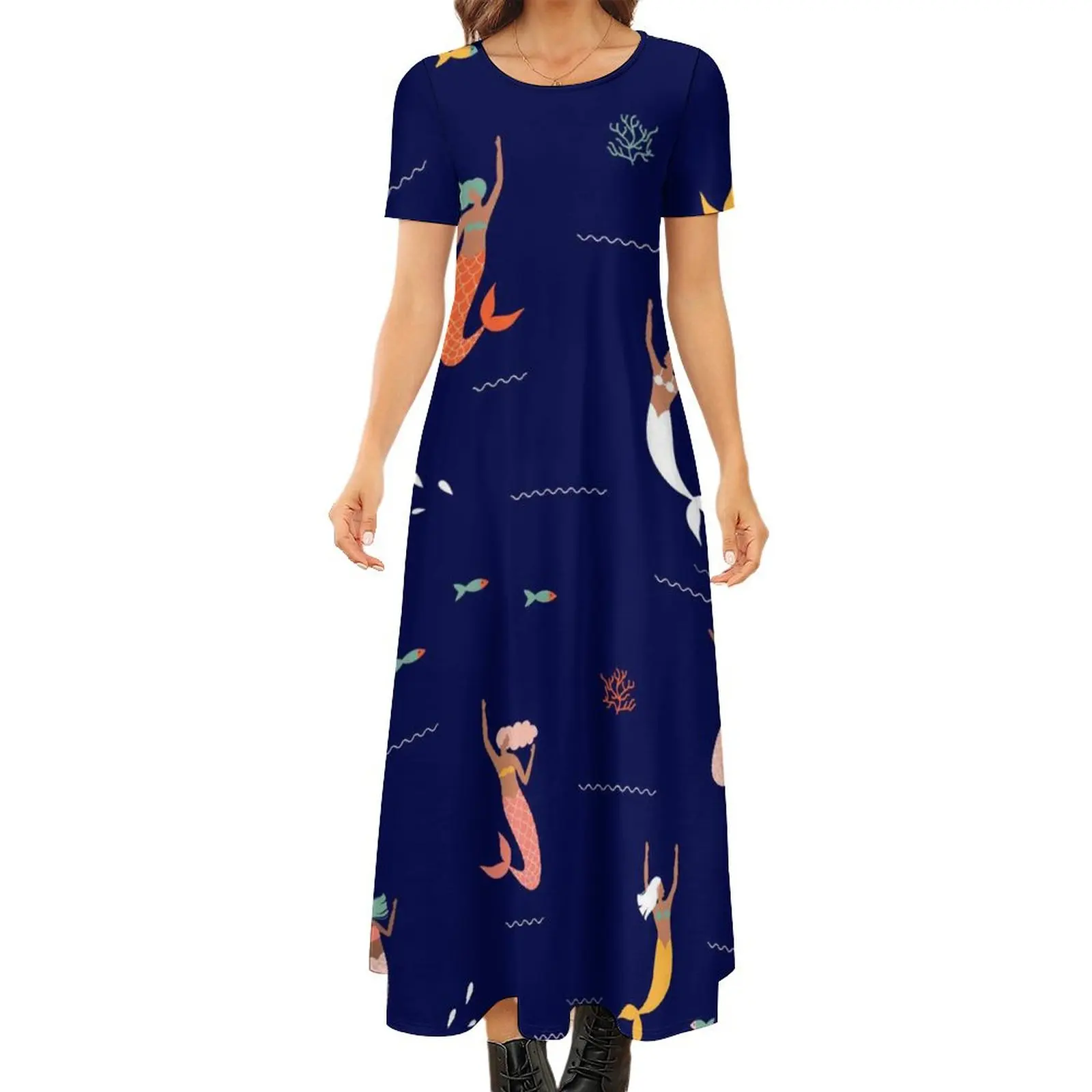 

Cartoon Mermaid Dress Mermaids Playing In The Sea Maxi Dress Fashion Bohemia Long Dresses Ladies Short Sleeve Oversized Clothes