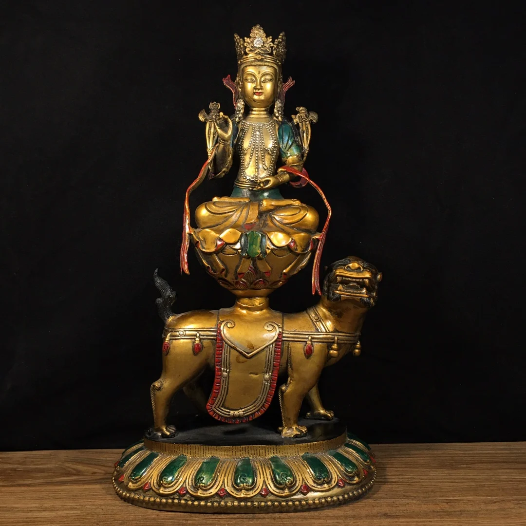 

18"Old Xizang Folk Collectio Old Bronze Cinnabar Painted Manjusri Samantabhadra Riding Beasts A set Worship Hall Town House