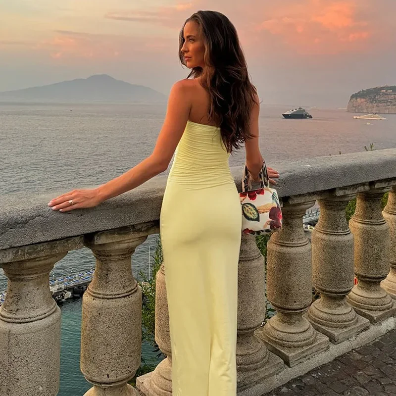 Chaxiaoa-maxivestido Sexy sin tirantes para mujer, vestido negro de café con hombros descubiertos, cuello en V, Espalda descubierta, sin mangas, ceñido al cuerpo, vestido largo para playa y Club