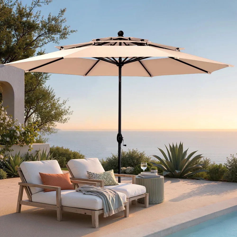 10ft Outdoor Patio Umbrellas, 3 Tier Vented Table Umbrella, Beige
