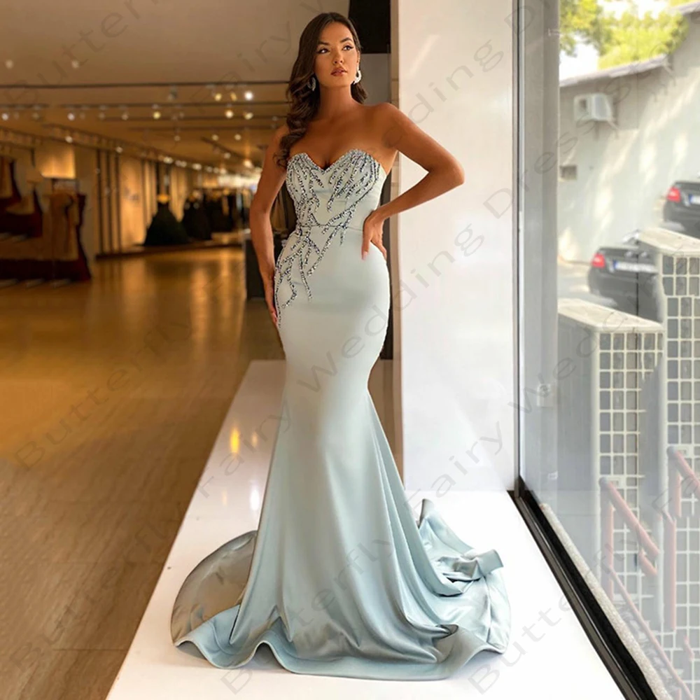 

Sexy Mermaid Backless Fashion Off Shoulder Sleeveless Exquisite Applique Evening Dresses Luxury Satin Ladies Party Dresses 2023