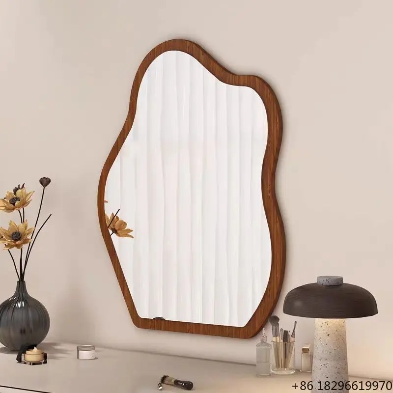 

Vintage Irregular Shape Wall Mirror Solid Wood Frame Handmade Contemporary Decorative Mirror for Home Living Room