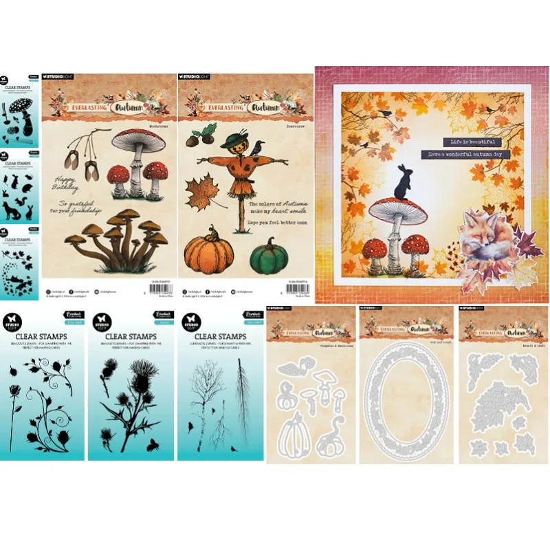 Autumn Leafs Pumpkins Mushrooms Scarecrow Animals Essentials Rose Thistle Trees Birds Metal Cutting Dies Stamp 2024 New