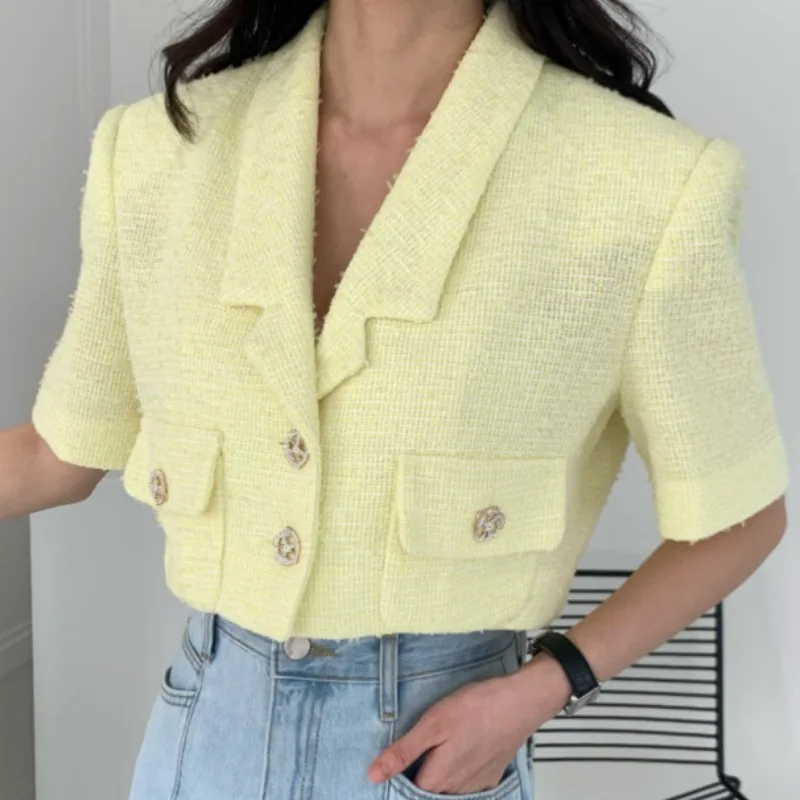 شيك شارع العليا قصيرة الأكمام سترة المحاصيل للنساء الصيف بلون بدلة أنيقة أبلى جيوب سيدة رداء قصير